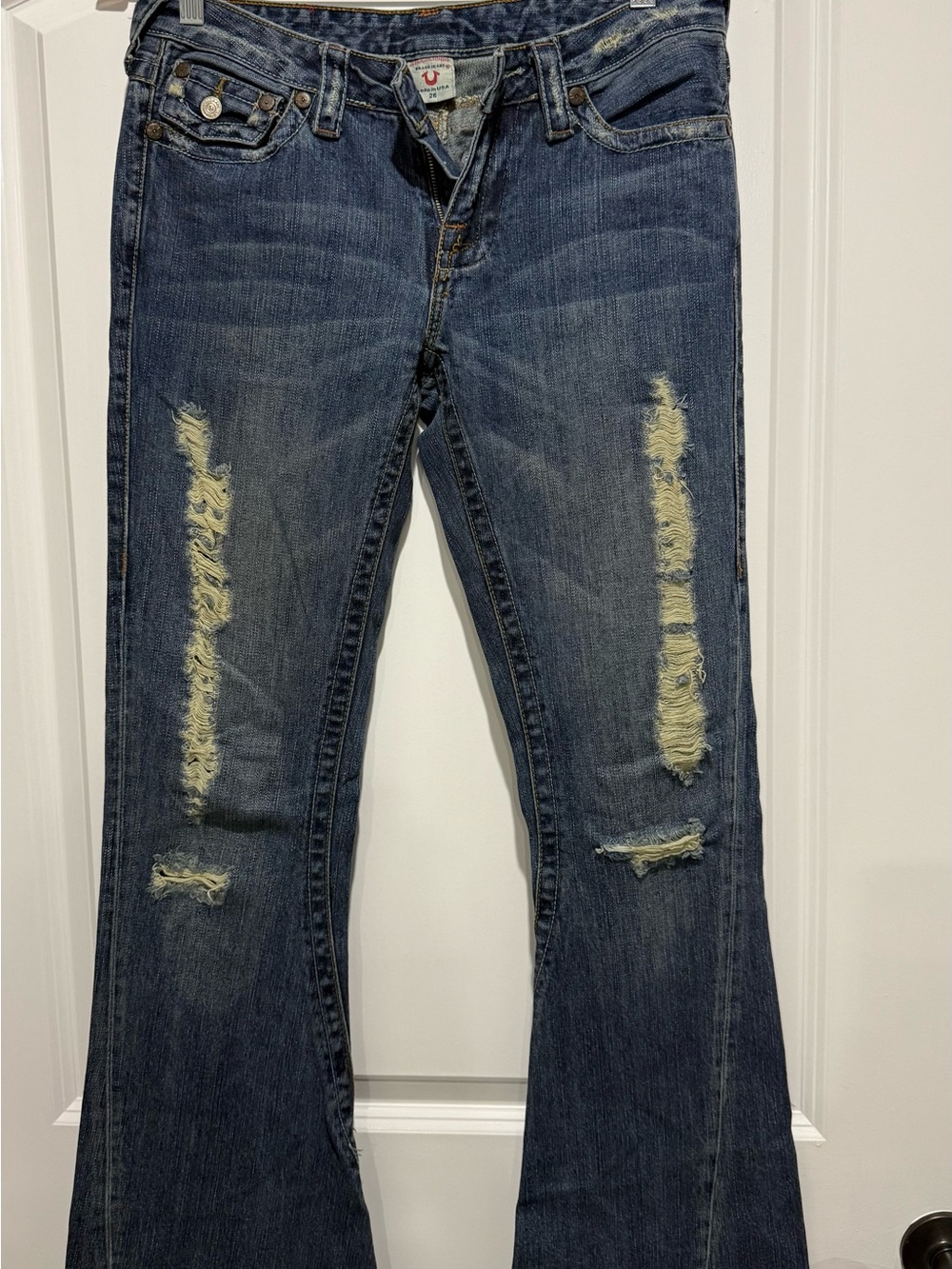True Religion Distressed Flared Jeans in Dark Indigo